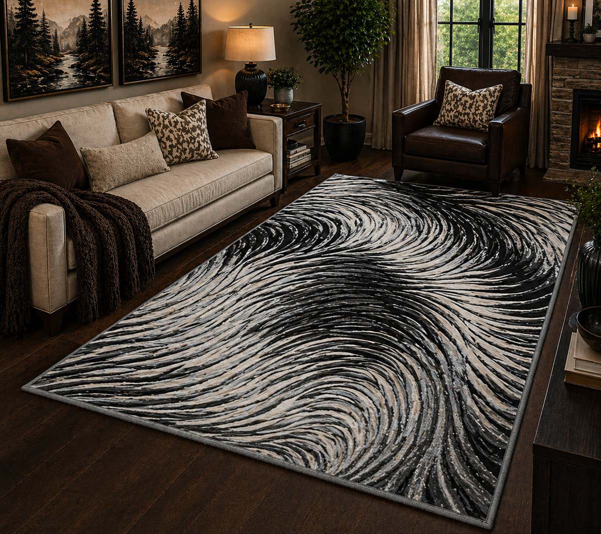 Serene Grey Abstract Wave Rug 5.4x7.5