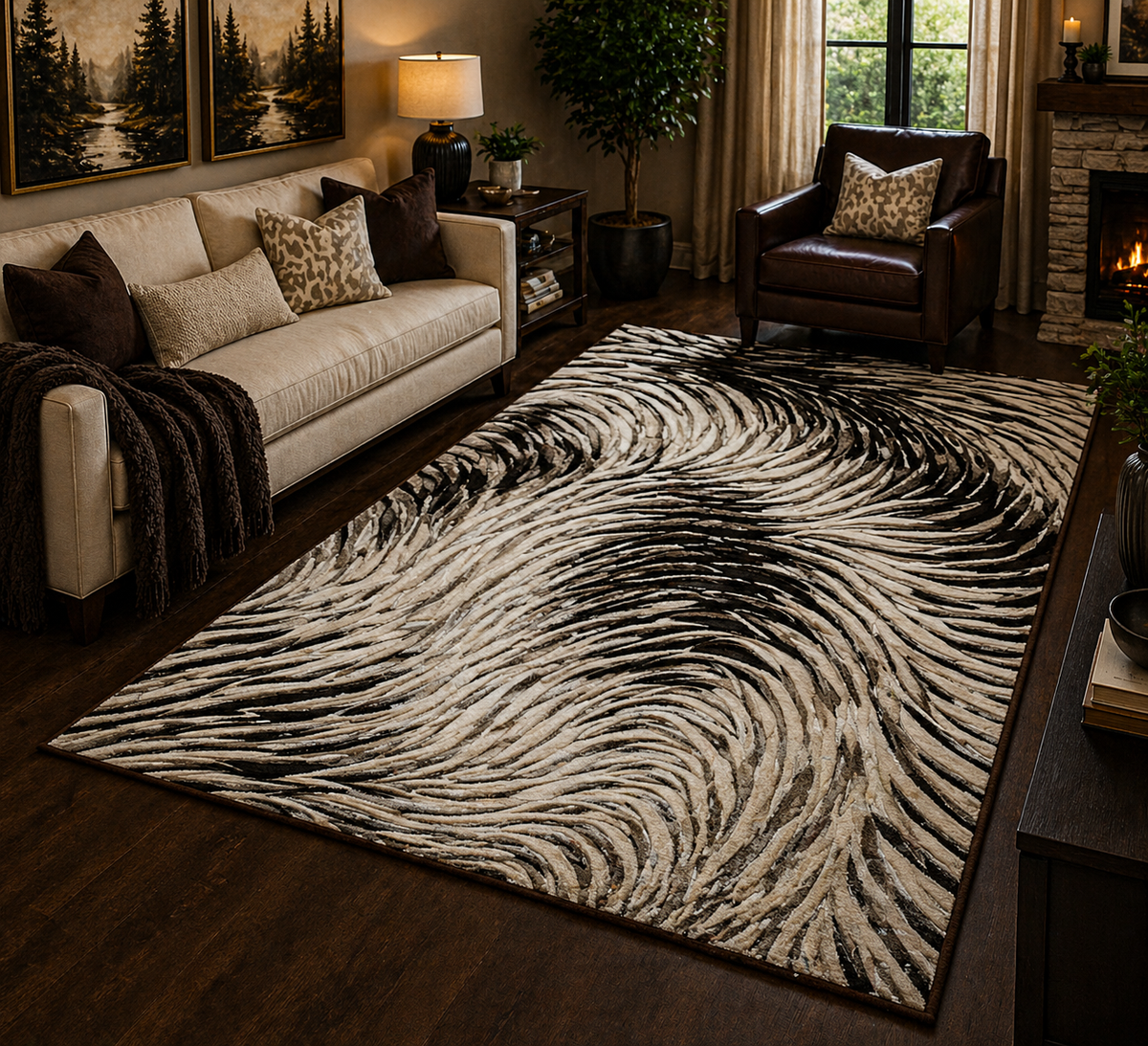 Serene Brown Abstract Wave Rug 5.4x7.5