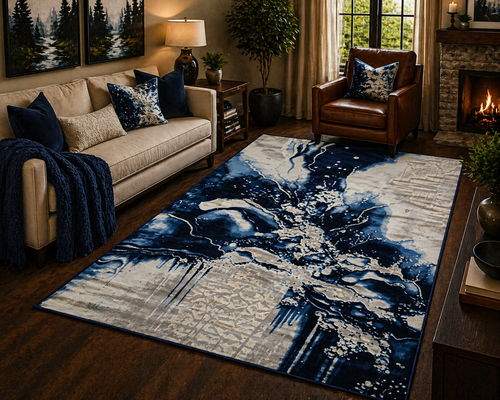 Cascade Navy Abstract Marble Area Rug – 5.4 x 7.5 ft