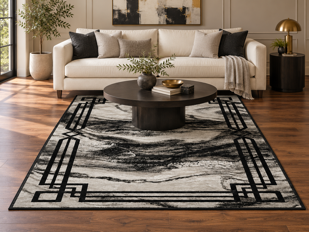 Mira Black Abstract Marble Area Rug – 5.4x7.5 & 8x10