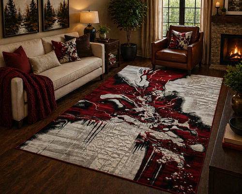 Cascade Red Abstract Marble Area Rug – 5.4 x 7.5 ft