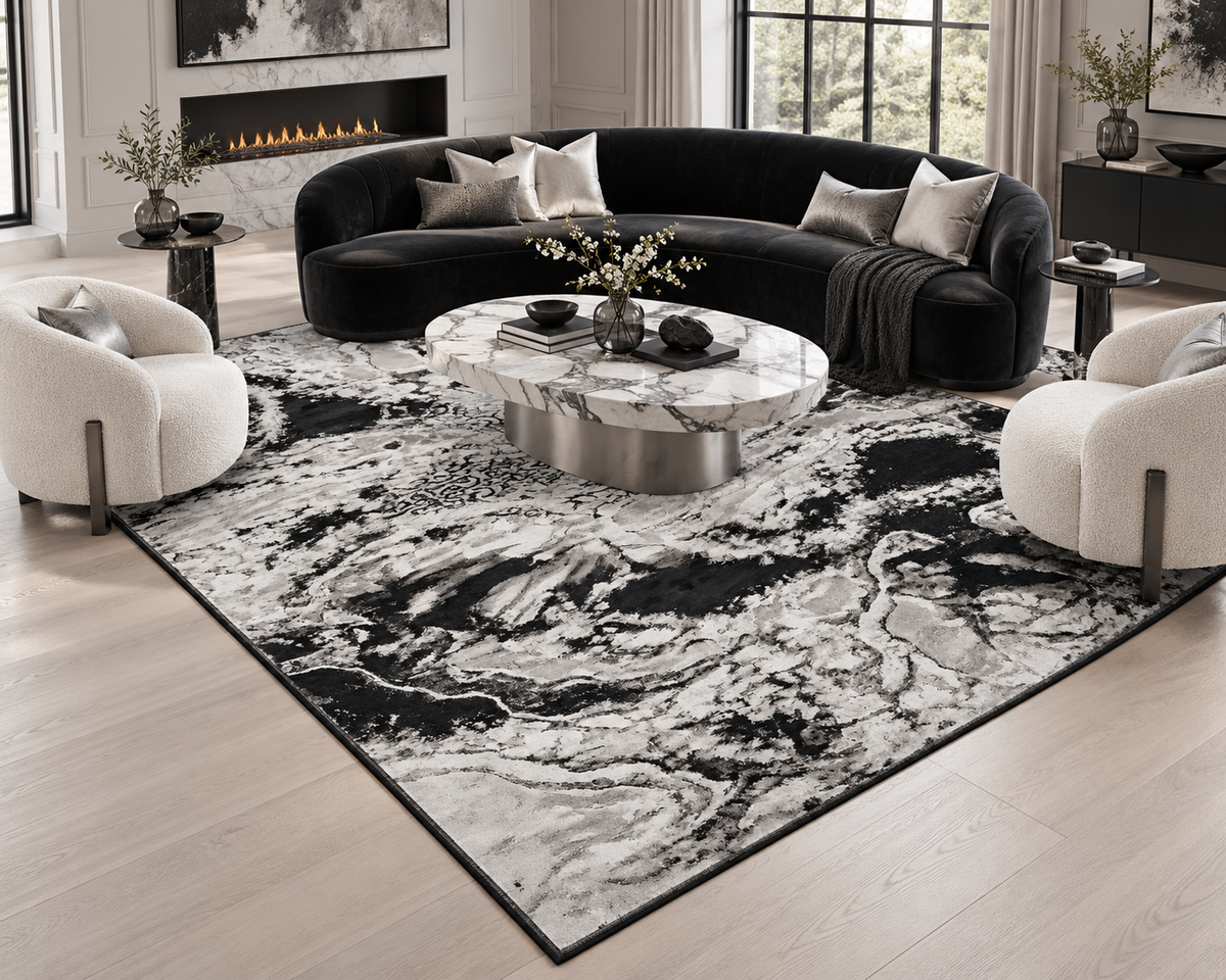 Neptune Black Abstract Area Rug – 5.4x7.5 & 8x10