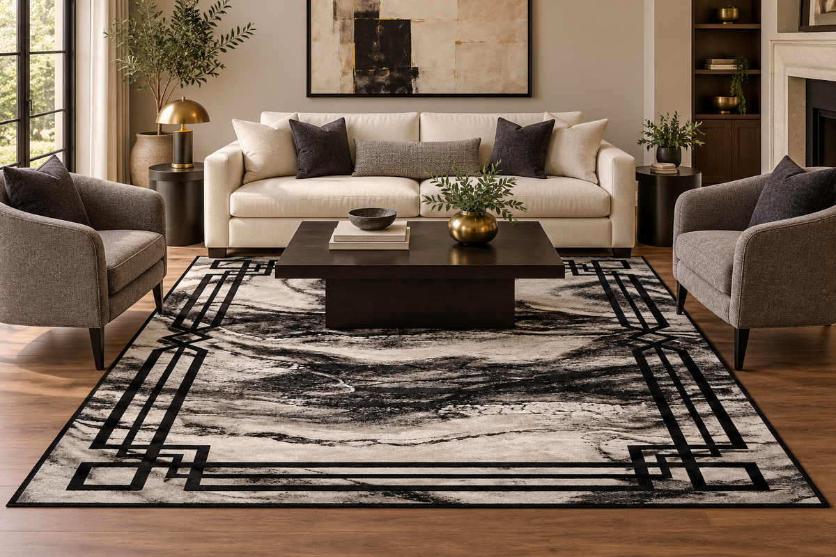 Mira Black Abstract Marble Area Rug – 5.4x7.5 & 8x10