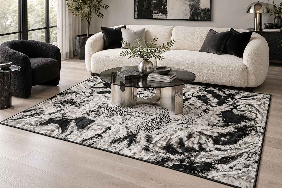 Neptune Black Abstract Area Rug – 5.4x7.5 & 8x10