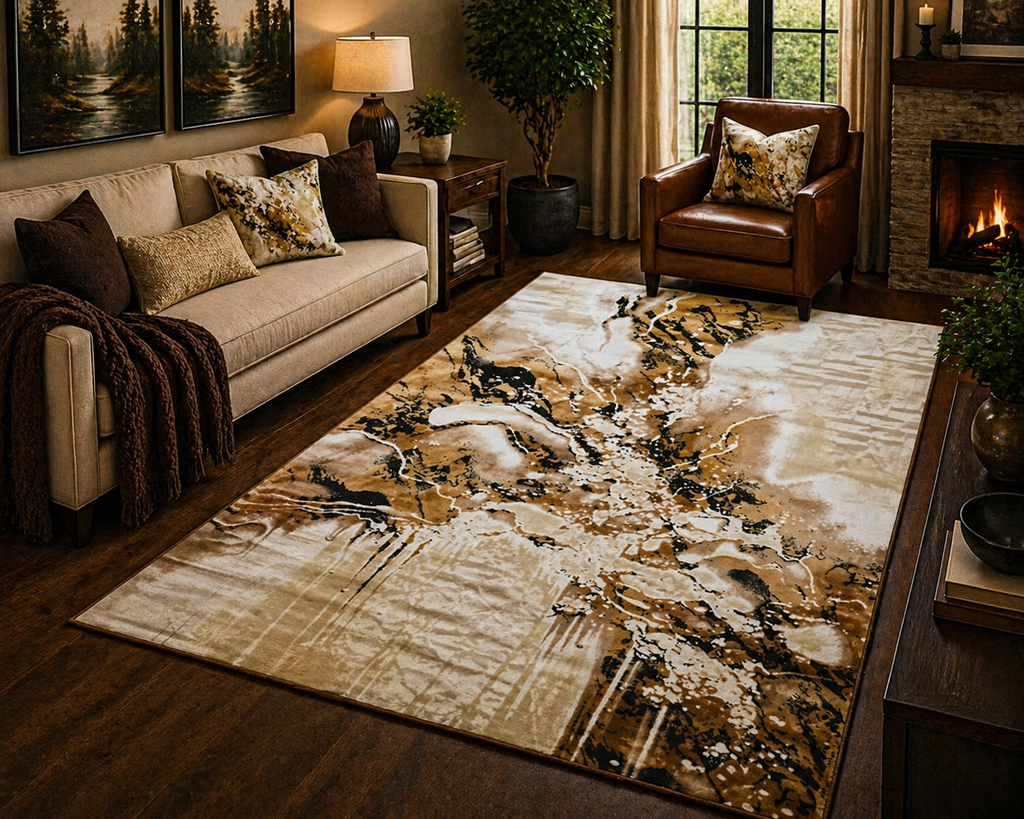 Cascade Gold Abstract Marble Area Rug – 5.4 x 7.5 ft