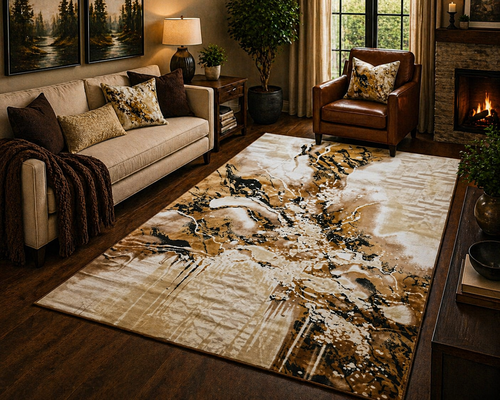 Cascade Gold Abstract Marble Area Rug – 5.4 x 7.5 ft